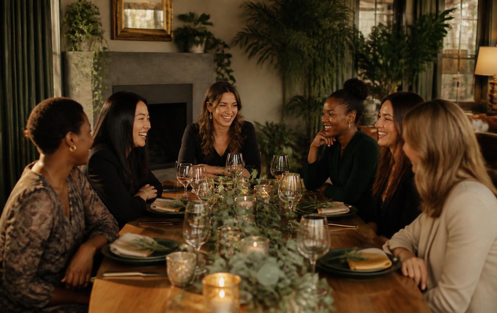 Women gathered around a dinner table in warm conversation