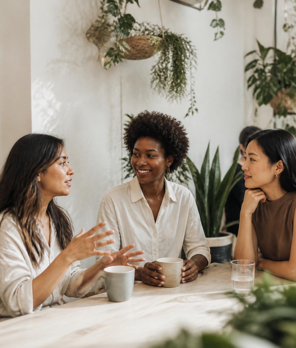 Three women in a plant-filled café having a genuine conversation